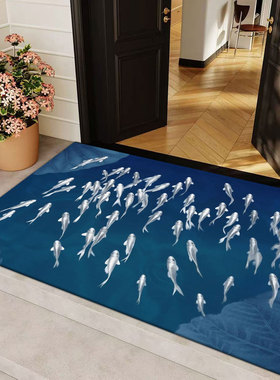 蓝色银色鱼群进门入户地垫红底金色锦鲤门口防滑脚垫紫色加厚地毯