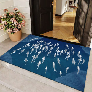 蓝色银色鱼群进门入户地垫红底金色锦鲤门口防滑脚垫紫色加厚地毯