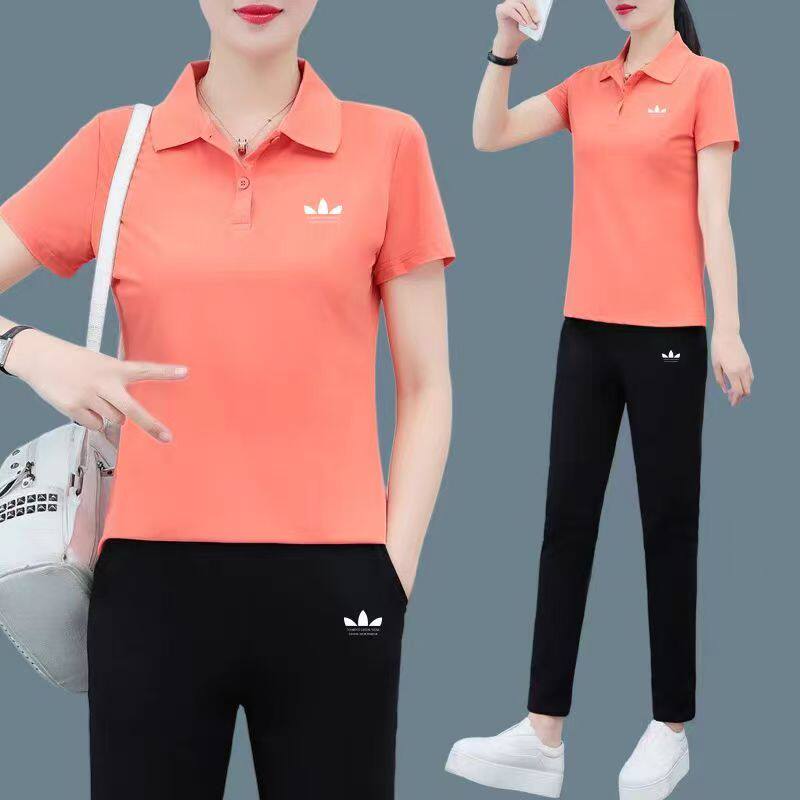 运动套装女夏季2026新款POLO领时尚妈妈装短袖冰丝休闲长裤两件套