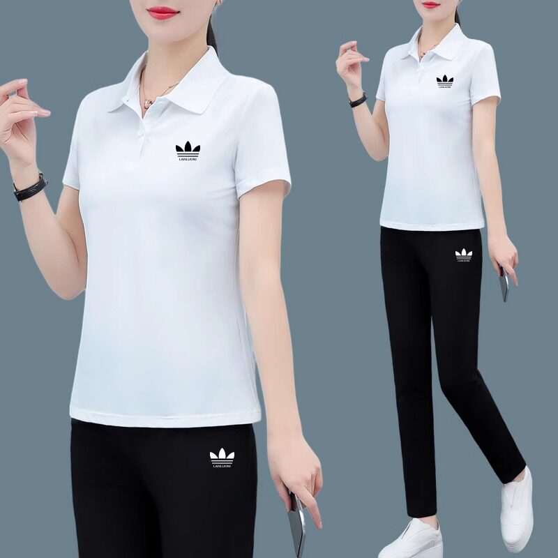 冰丝跑步运动套装女夏季透气妈妈装正品速干polo衫短袖长裤两件套