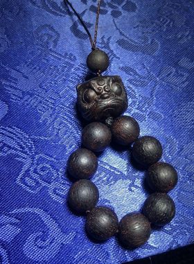 精品降真香木作精雕刻醒狮木雕小挂件手机链包包挂10mm圆珠链子