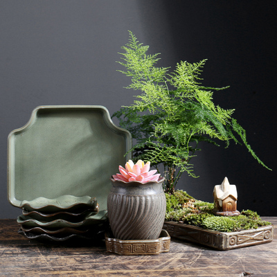 陶瓷花盆接水盘小号莲花盆景盆栽