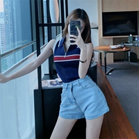 Không tay sọc ngắn Slim nhỏ sling nữ 2019 Mùa hè Hàn Quốc Zipper Đan hoang dã Top - Áo ba lỗ áo len nữ