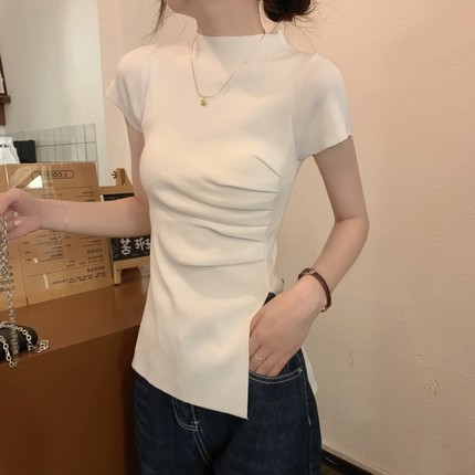 正肩半高领短袖针织上衣女2025新款收腰修身甜辣妹紧身设计感小众