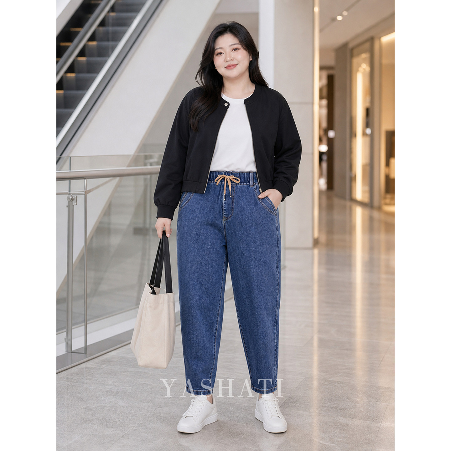 娅莎媞大码女装 200斤胖mm时髦松紧腰宽松高腰显瘦蓝色牛仔长裤女