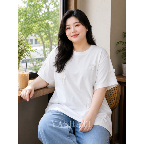 娅莎媞大码女装 200斤胖mm宽松蝴蝶结装饰圆领短袖T恤上衣 女
