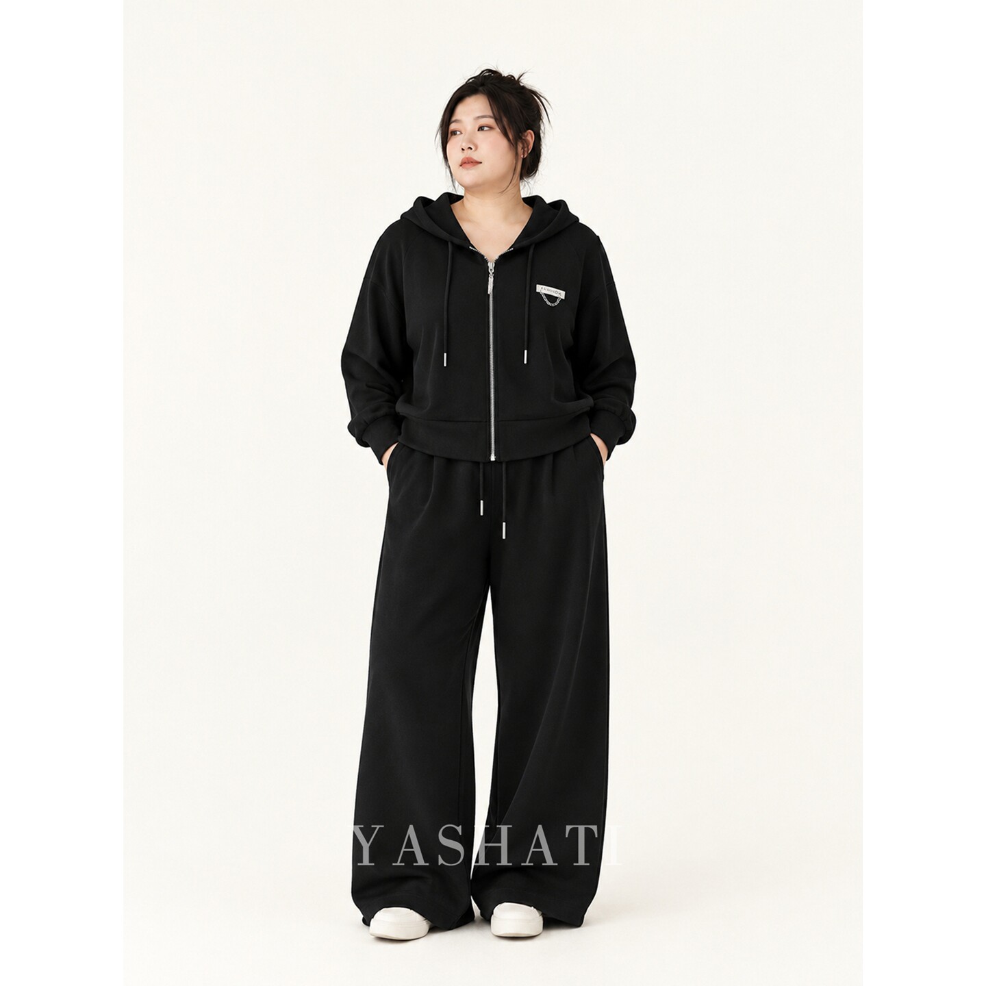 娅莎媞大码女装200斤胖mm松弛感连帽拉链卫衣阔腿裤休闲运动套装