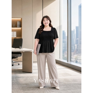 娅莎媞大码女装 慵懒风300斤特大码胖mm方领泡泡袖T恤 女