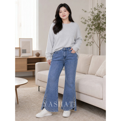 娅莎媞大码女装 200斤胖mm高腰宽松显瘦微弹开叉微喇牛仔长裤 女