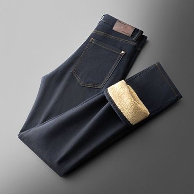 加绒加厚商务牛仔裤直筒宽松冬季