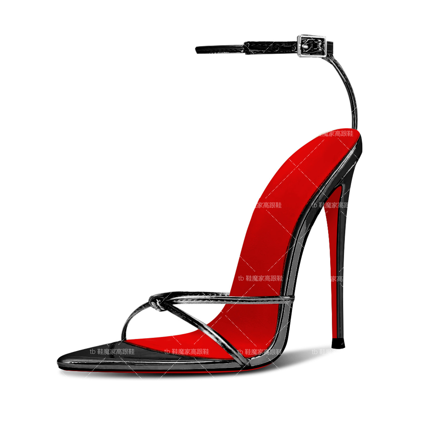 欧洲站13cm尖头绑带红底高跟鞋女2026新款黑色性感一字扣时装凉鞋