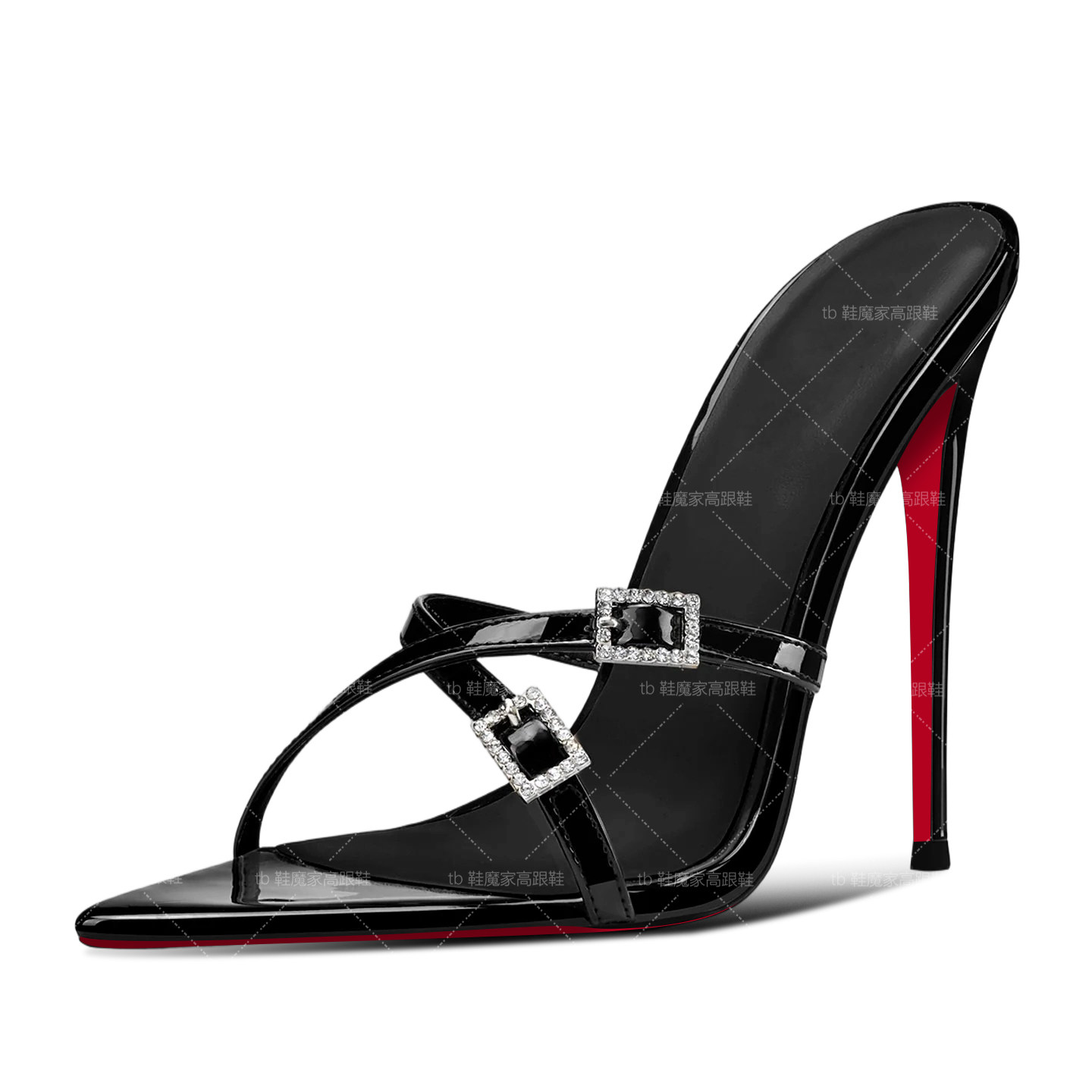 2026新款超火黑色12cm尖头红底高跟鞋女一字带细跟半拖鞋露趾凉鞋