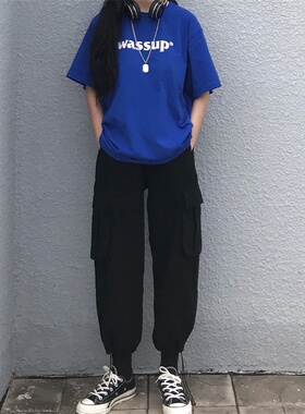 PSO Brand 男女宽松百搭潮牌可束脚抽绳工装裤运动休闲九分长裤