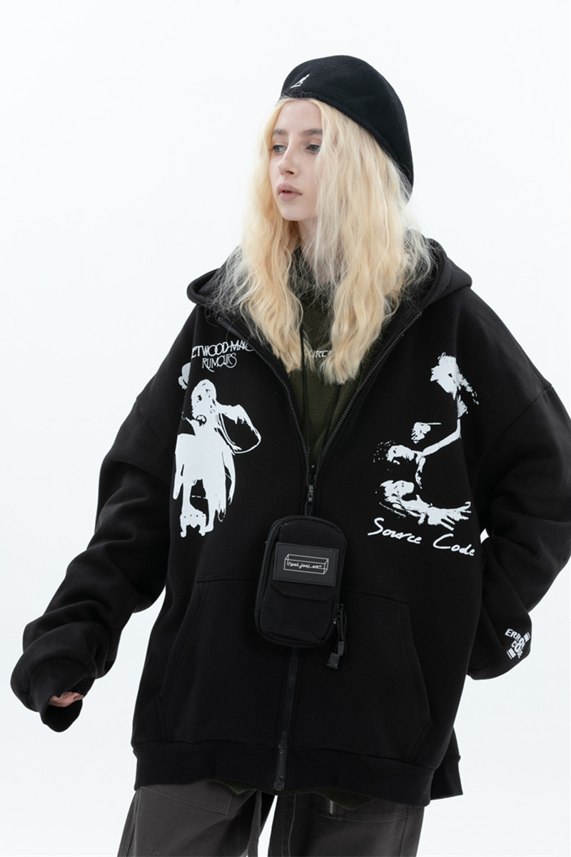 ERROR CODE音乐主题印花男女情侣嘻哈潮牌加绒连帽拉链卫衣外套