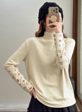 春秋新款女士长袖刺绣半高领T恤百搭打底上衣