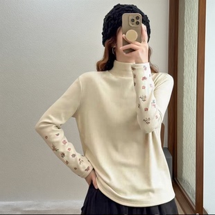 春秋新款女士长袖刺绣半高领T恤百搭打底上衣
