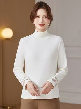 新款冬季国风刺绣针织衫上衣提花半高领内搭打底衫