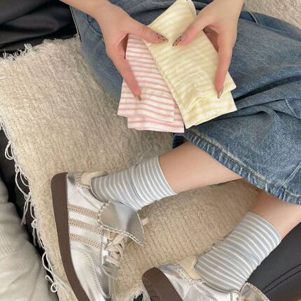 韩版条纹奶油色系袜子夏天女ins潮学生日系简约松口月子袜堆堆袜