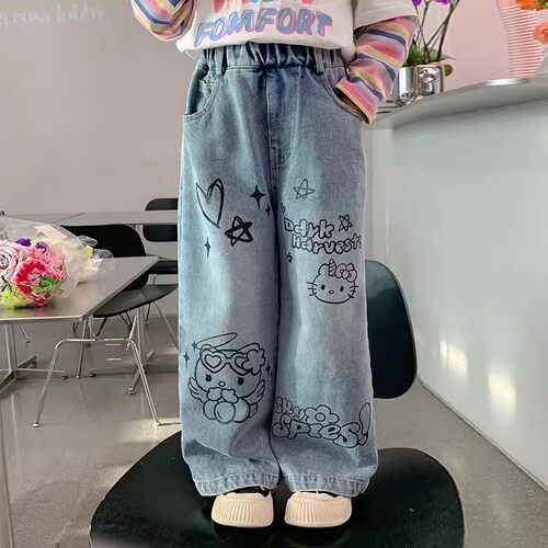 女童手绘KT猫涂鸦牛仔裤儿童春秋新款裤子中小童宽松时髦阔腿裤潮