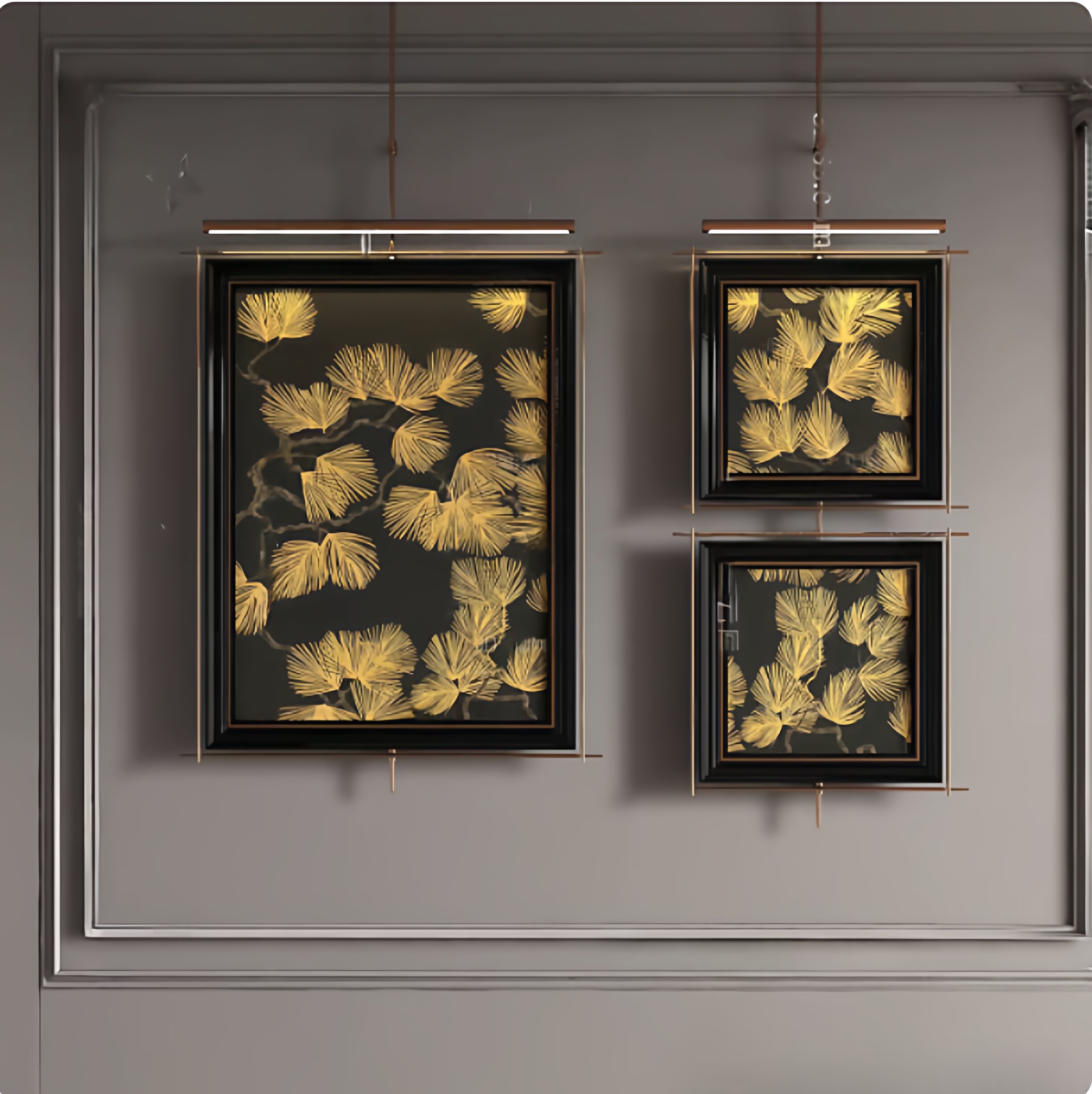 金属铁艺新中式金色叶子印花壁饰客厅装饰画复古高级感餐厅挂画