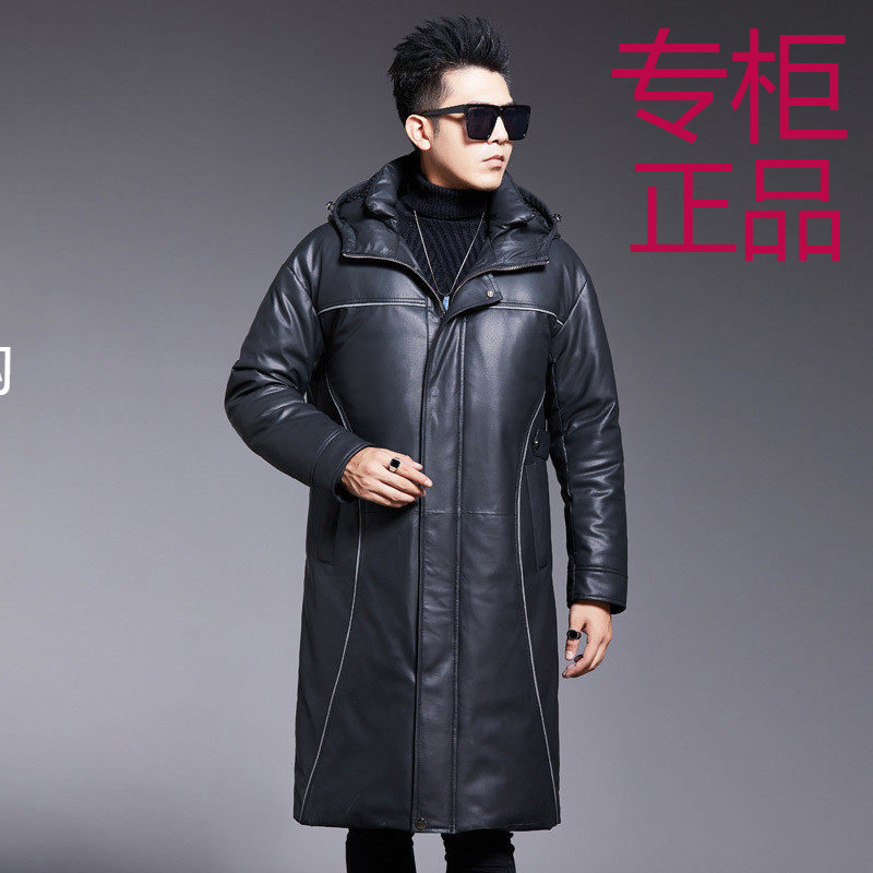 秋冬新款海宁真皮皮衣男中长款过膝连帽头层绵羊皮羽绒服男外套潮
