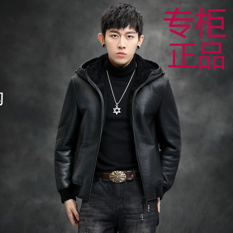 冬季新款原生态皮毛一体男连帽皮夹克海宁真皮皮衣短款皮草外套潮