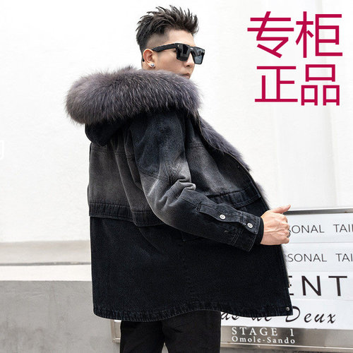 2025冬款牛仔派克服男士中长款狐