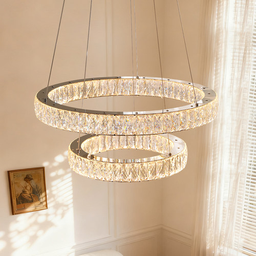 意式轻奢客厅水晶吊灯双层圆环LED灯具现代简约别墅复式楼大吊灯