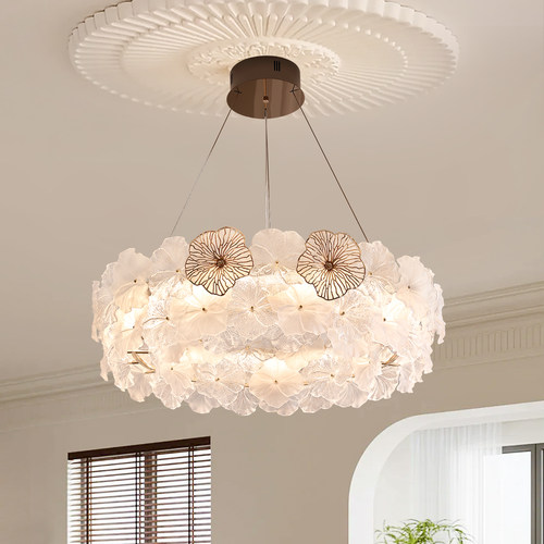 法式中古风客厅吊灯2025新款高级感餐厅灯卧室灯创意荷叶玻璃艺术