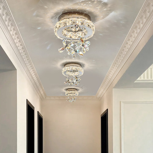 法式轻奢水晶吸顶灯玄关过道走廊灯现代简约大气花朵装饰护眼灯具