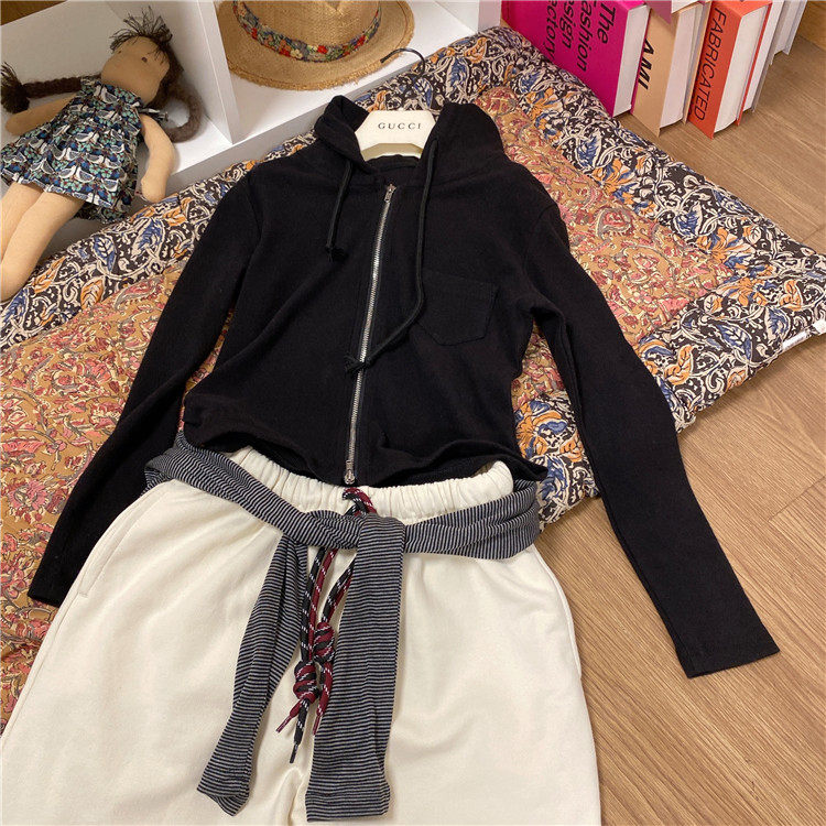 卷卷家 双开拉链连帽抓绒帽衫+松紧腰米色休闲束脚卫裤