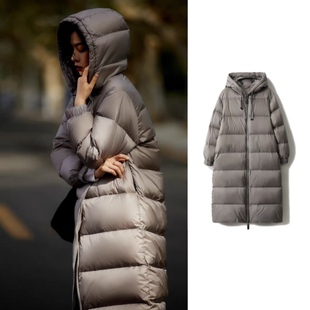 加厚保暖90白鹅绒中长款羽绒服冬外套女饱满蓬松连帽直筒过膝大衣