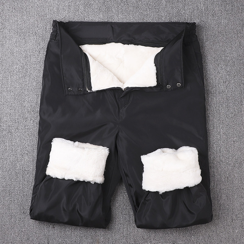 중년 및 노인 남성을위한 겨울 양털 모피 일체형 내부 안감 하이 웨이스트 양가죽 바지 따뜻하고 방한  가죽 바지