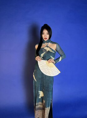 YUSIE希希国风仙气瑞鹤图旗袍爵士舞高开衩修身连衣裙