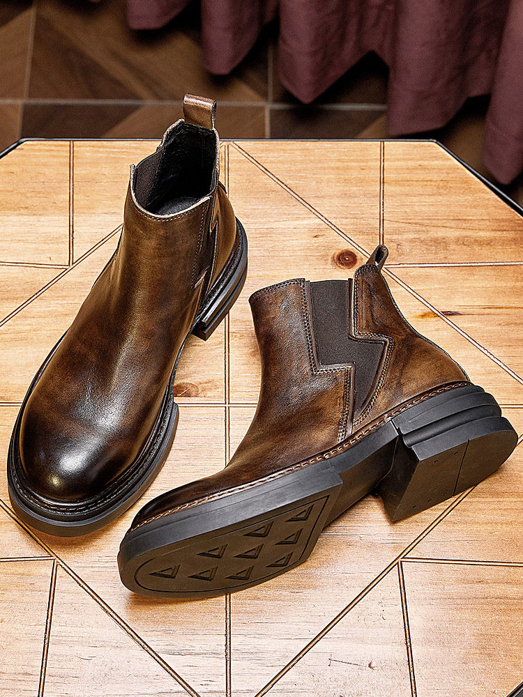 COWHIDE MID-TOP MARTIN BOOTS MENS BRITISH STYLE RETRO PLATFORM SOLES AUTUMN CASUAL LEATHER CHELSEA BOOTS MENS ANKLE BOOTIES INCREASE HEIGHT