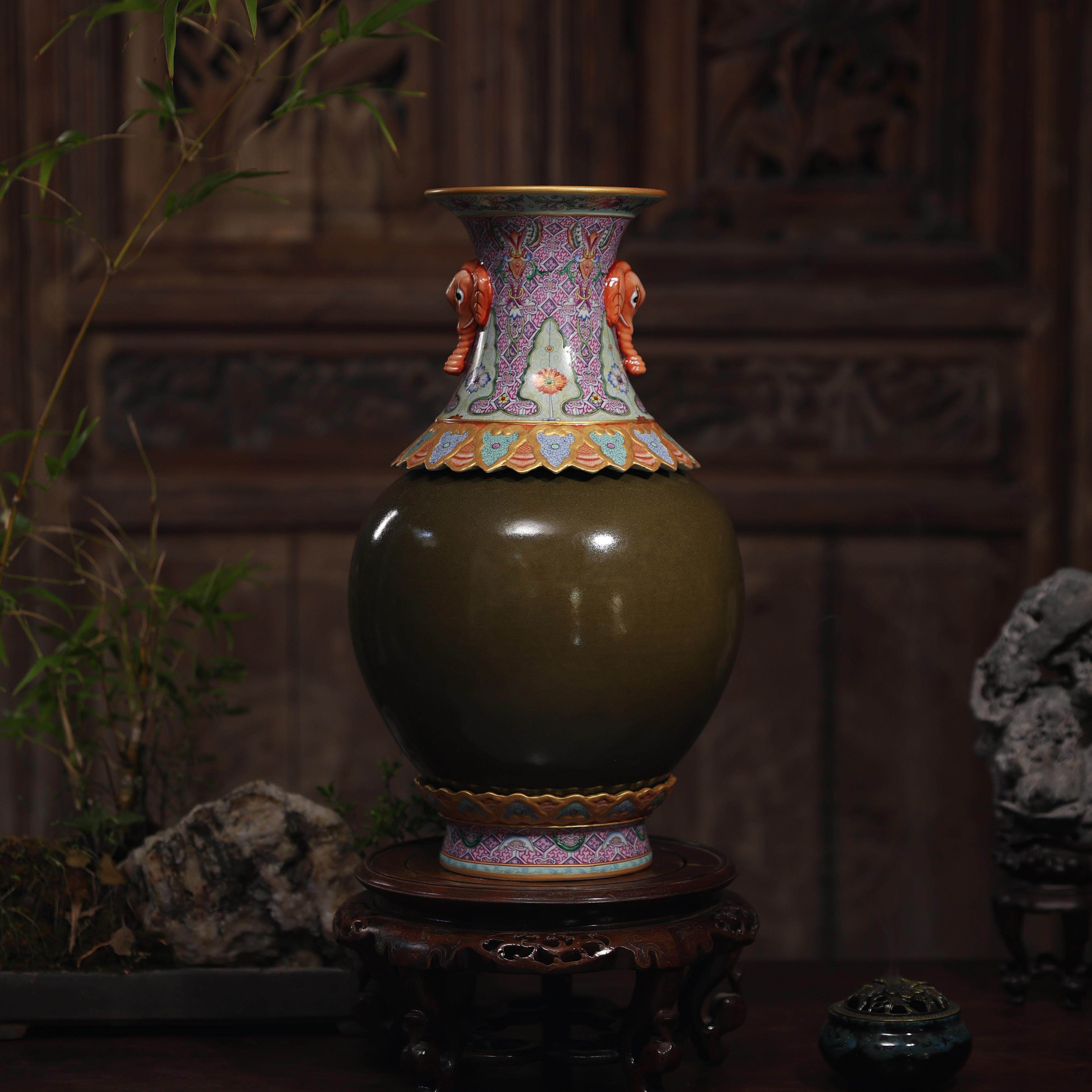 茶叶末转心瓶景德镇御窑收藏风水摆件古玩手绘粉彩重工明清陶瓷器