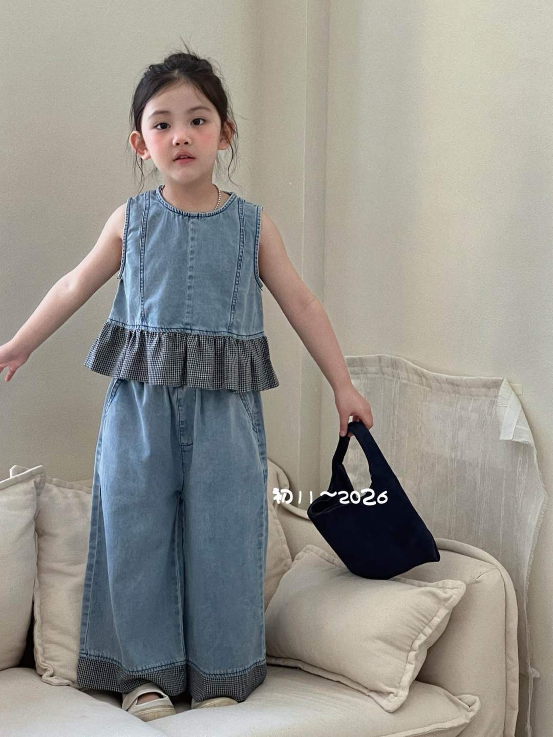 女童牛仔裙2026春季新款儿童韩版格子休闲裤子洋气宽松裤子潮套装