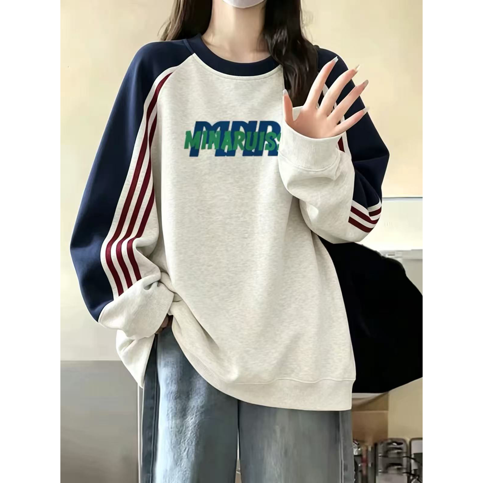 美式拼色插肩卫衣少女大童春秋薄款初中高中学生宽松无帽上衣外套