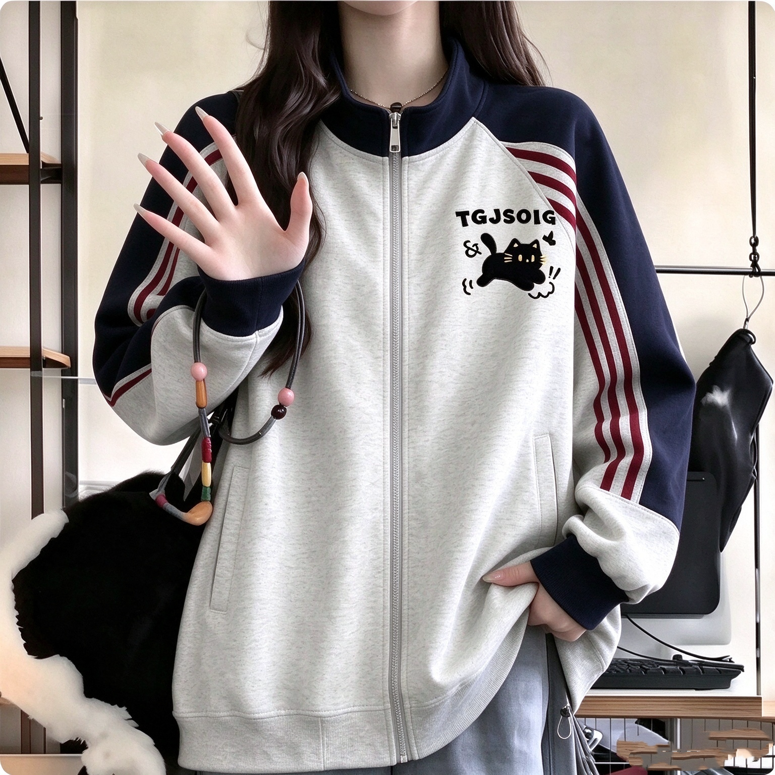 大童少女立领三条杠卫衣女2026秋冬新款初中高中学生宽松拉链外套