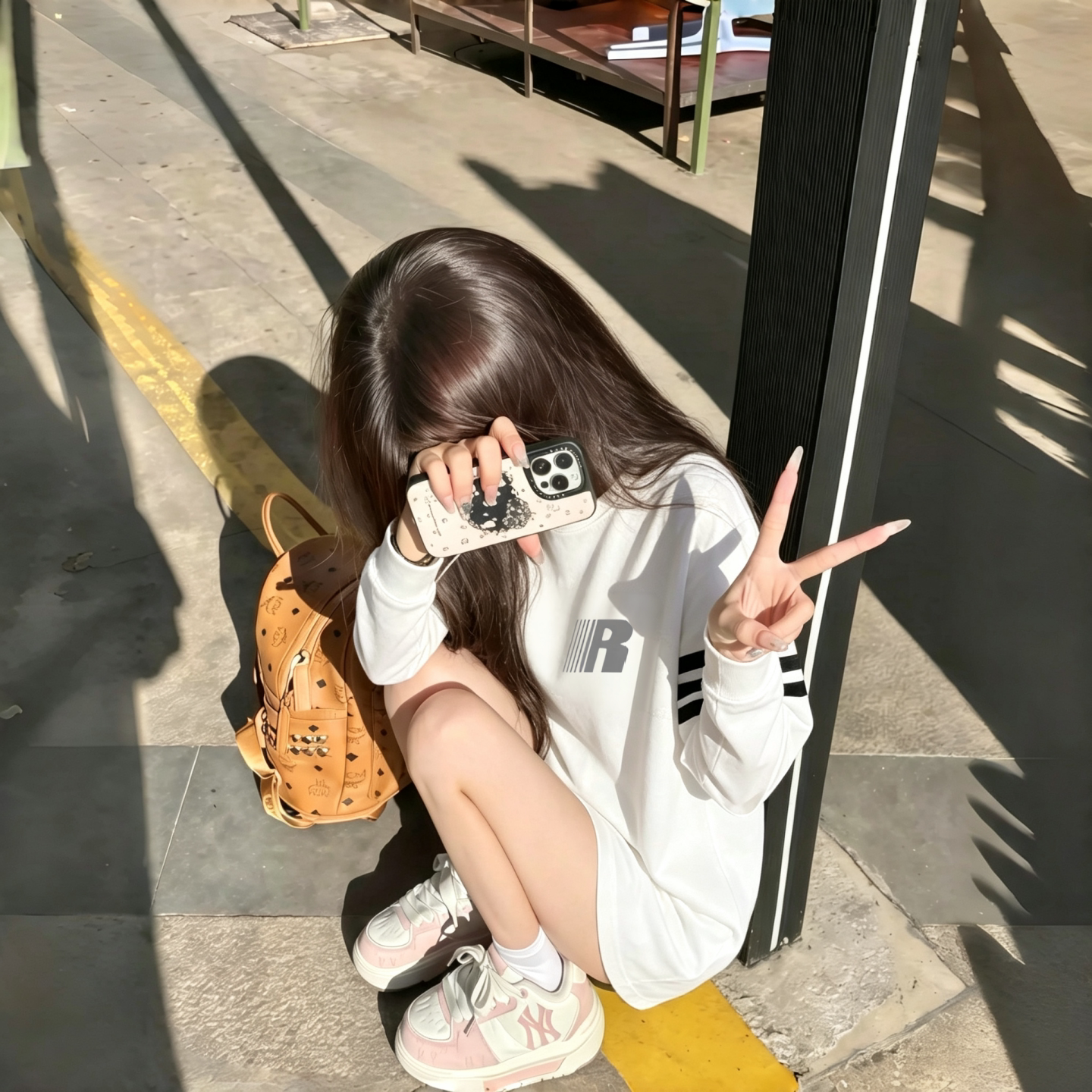 美式潮牌白色纯棉长袖T恤女大童春秋初中高中学生宽松打底衫上衣