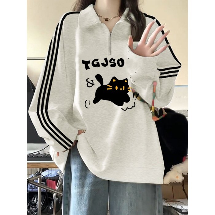 美式三条杠拼接polo领卫衣女大童秋冬加厚初中高中大学生宽松上衣
