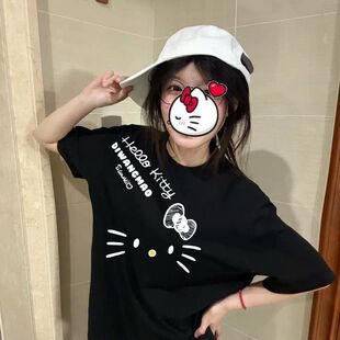 黑色Kitty猫纯棉短袖T恤女大童春夏新款韩版初中高中学生宽松上衣