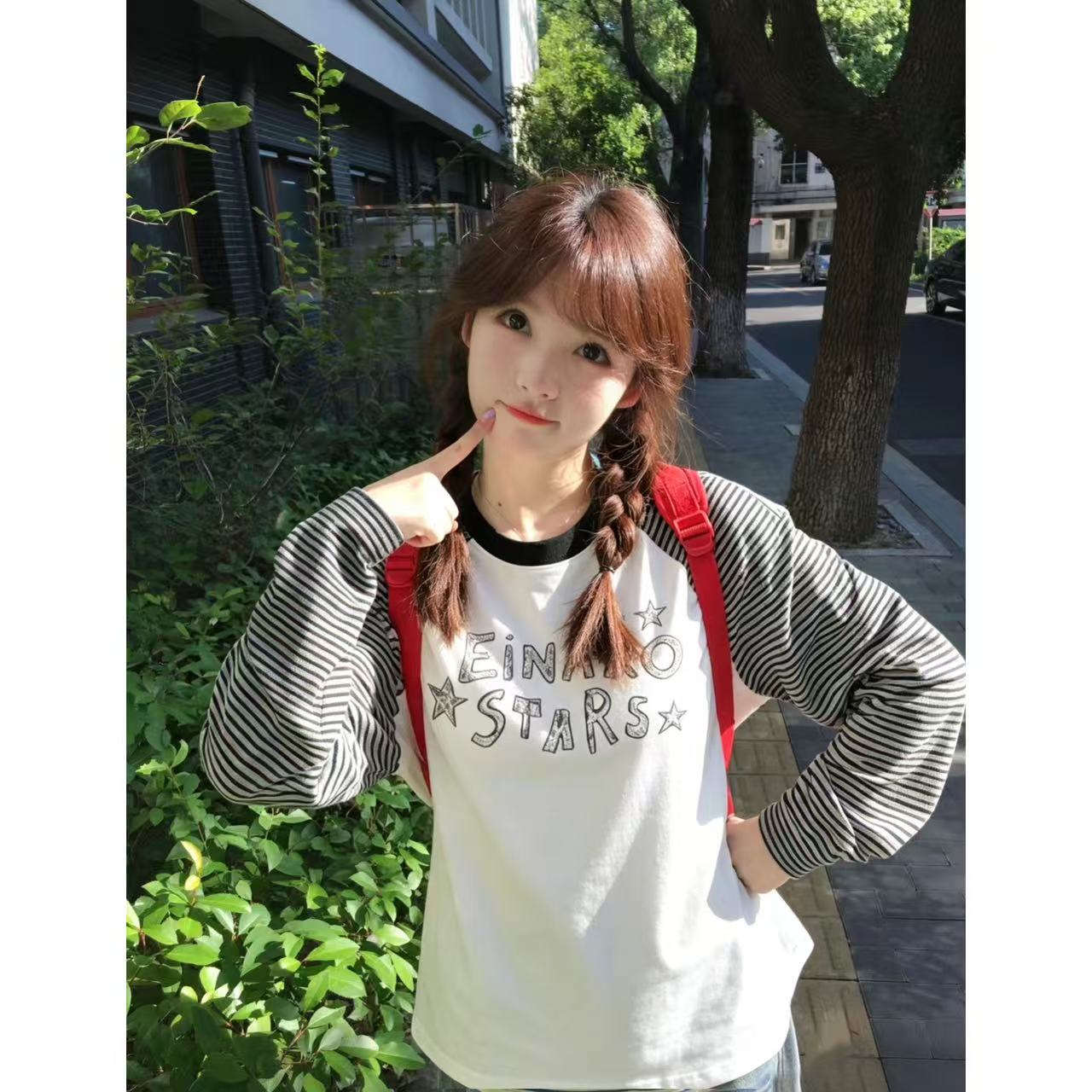 学院风插肩条纹拼接长袖t恤女大童新款春秋初中高中学生宽松上衣图片