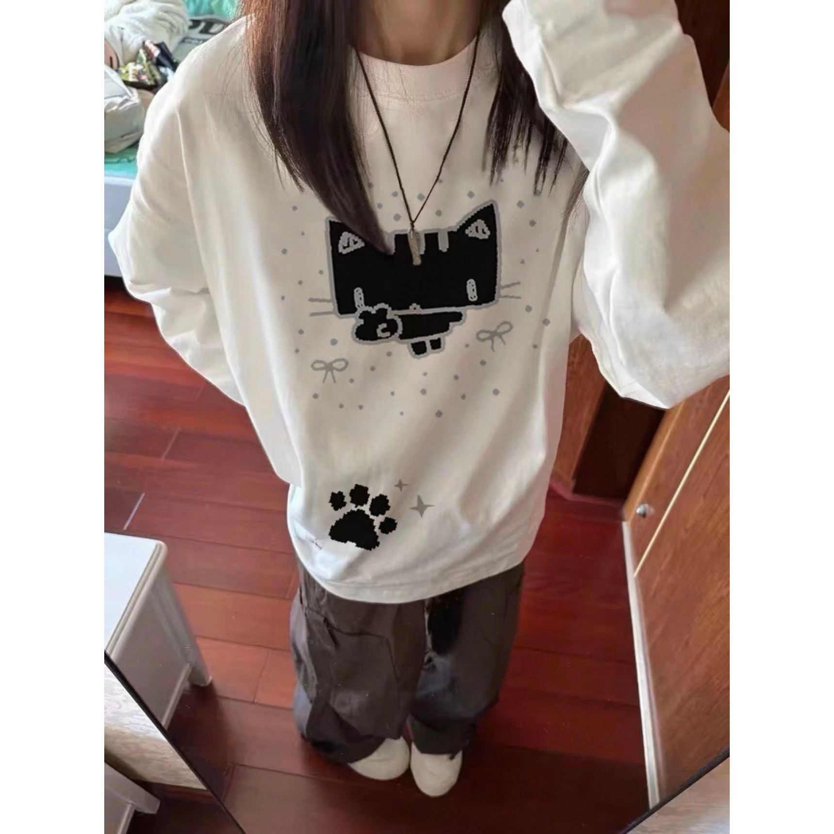 美式高街纯棉长袖t恤女大童2026新初中高中学生宽松百搭打底上衣图片