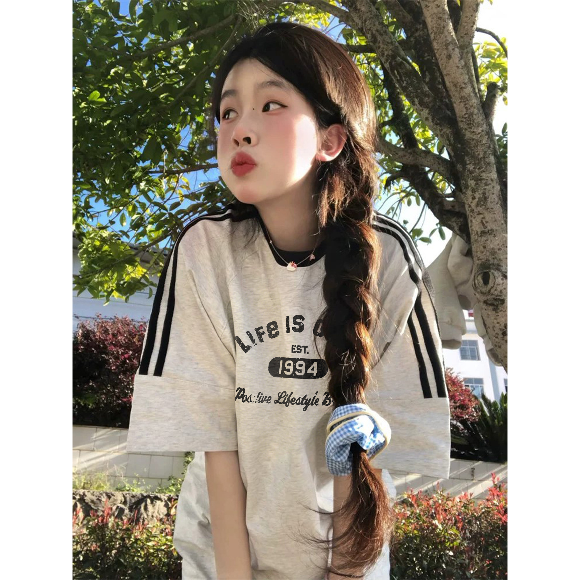 美式三条杠短袖t恤女大童夏季新款2026初中高中学生宽松半袖上衣