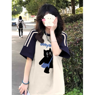 美式插肩袖三条杠短袖T恤女大童夏季薄款初高中学生宽松半袖上衣