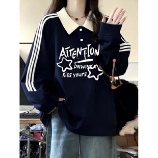 初中高中学生宽松上衣 卫衣女大童春秋季 美式 三条杠拼接Polo领长袖