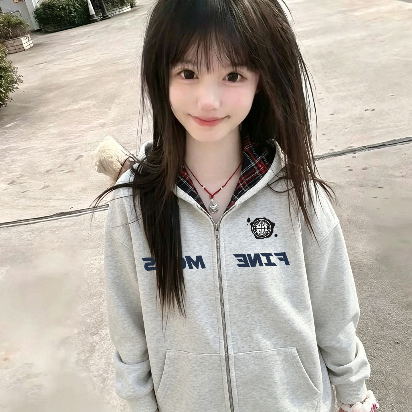 美式条纹拼接拉链卫衣外套女大童2026新款秋冬加厚初高中学生上衣