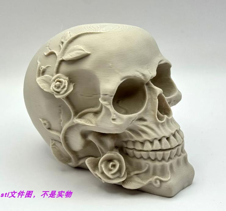 死神玫瑰头骨骷髅花万圣节装饰三维立体stl文件雕刻3D模型素材