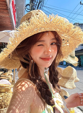 法式镂空拉菲草大檐防晒草帽女